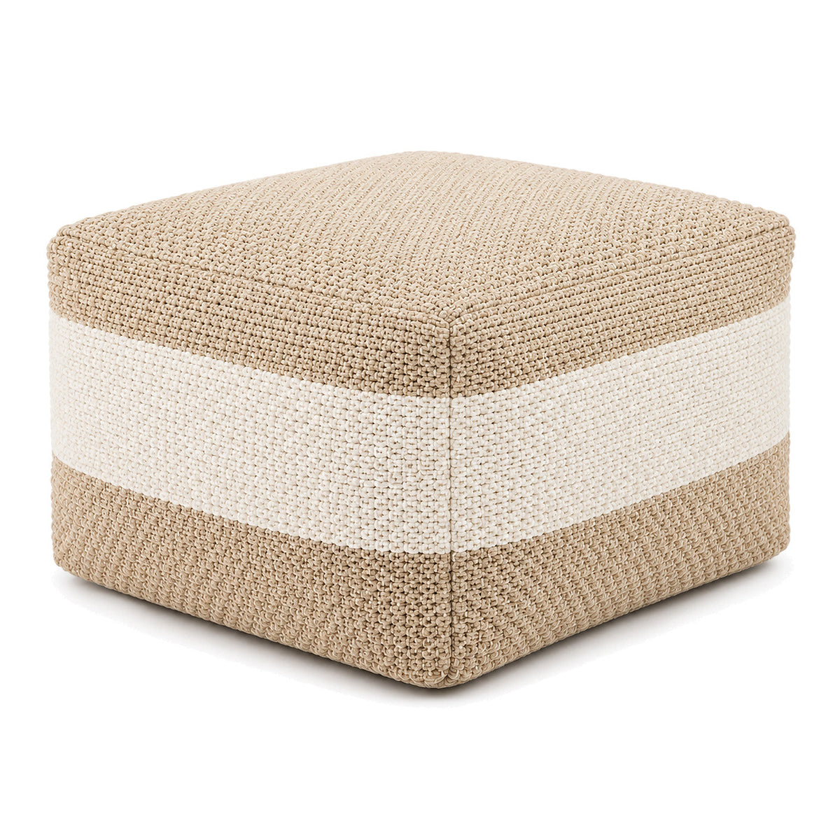 Beige & Cream Chunky Woven Colour-Block Cube Pouf by Primeval on white background