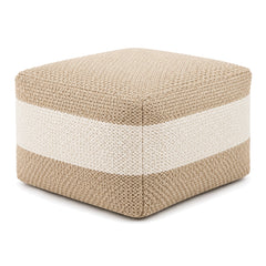 Beige & Cream Chunky Woven Colour-Block Cube Pouf by Primeval on white background