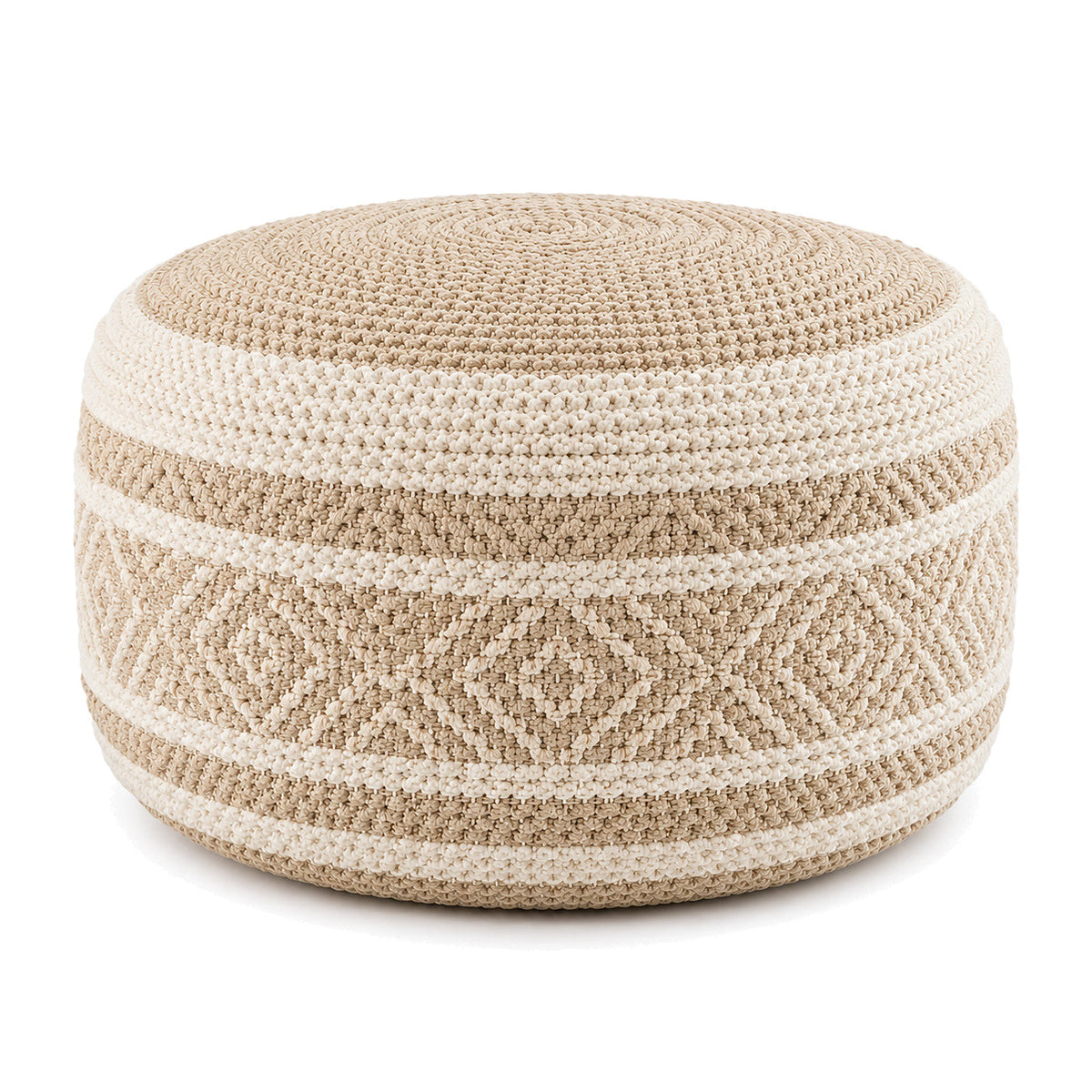 Beige & Cream Knitted Round Pouf Ottoman by Primeval on white background