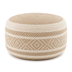 Beige & Cream Knitted Round Pouf Ottoman by Primeval on white background