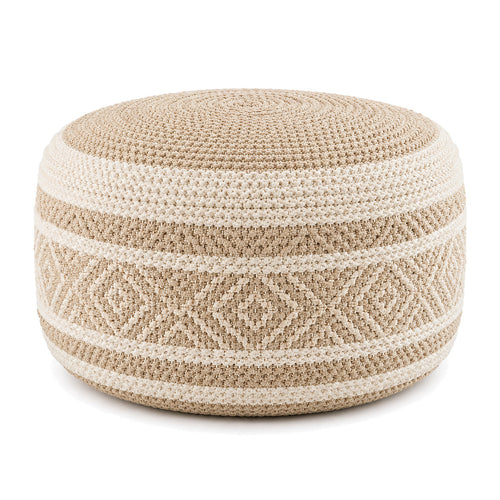 Beige & Cream Knitted Round Pouf Ottoman by Primeval on white background