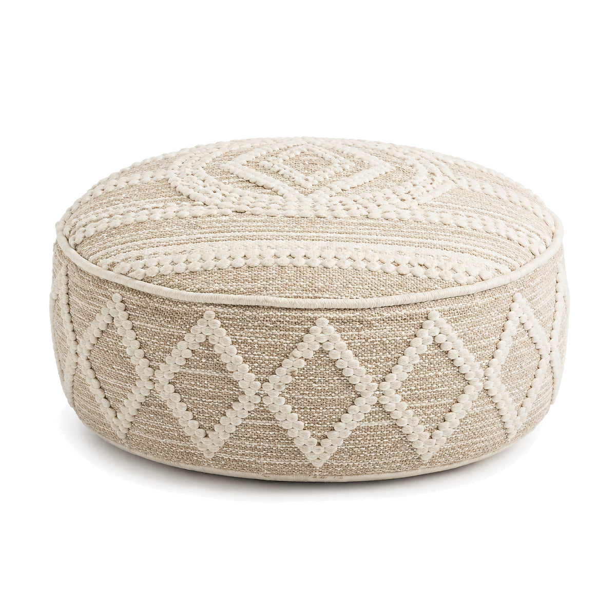 Beige & Ivory Boho Diamond-Band Woven Round Pouf by Primeval on white background