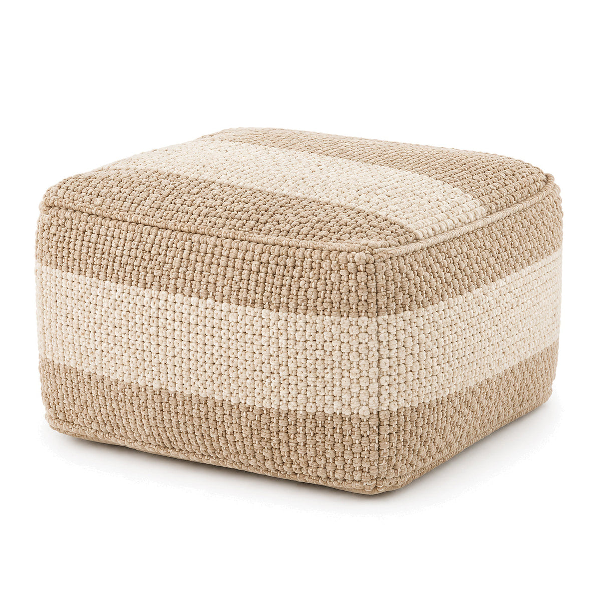 Beige & Ivory Broad-Band Woven Rectangular Pouf by Primeval on white background