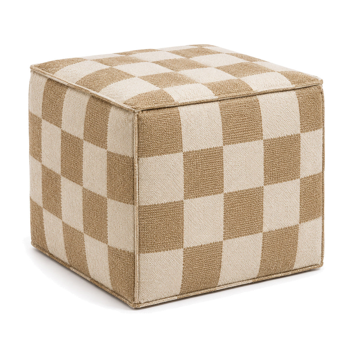 Beige & Ivory Checkerboard Woven Cube Pouf Ottoman by Primeval on white background
