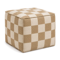 Beige & Ivory Checkerboard Woven Cube Pouf Ottoman by Primeval on white background