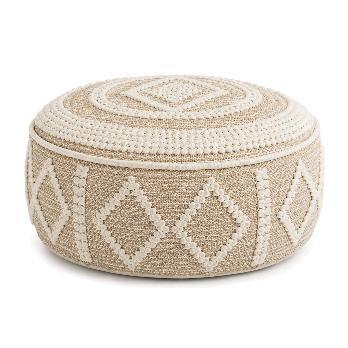 Beige & Ivory Diamond-Band Woven Round Pouf by Primeval on white background