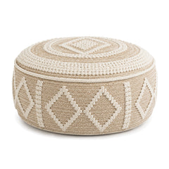 Beige & Ivory Diamond-Band Woven Round Pouf by Primeval on white background