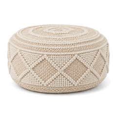 Beige & Ivory Knitted Diamond Round Pouf Ottoman by Primeval on white background