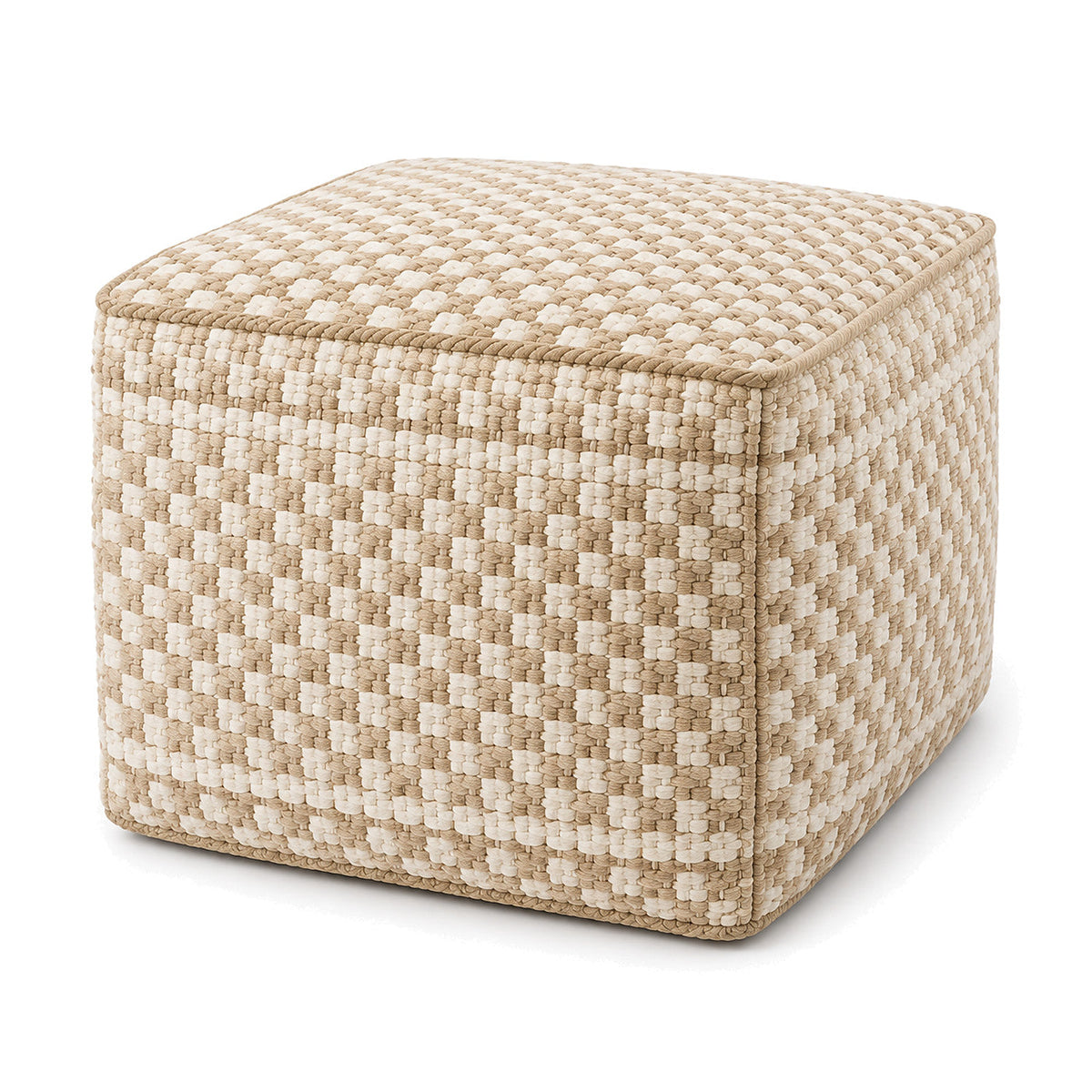 Beige & Ivory Micro-Check Woven Cube Pouf Ottoman by Primeval on white background