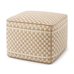 Beige & Ivory Micro-Check Woven Cube Pouf Ottoman by Primeval on white background