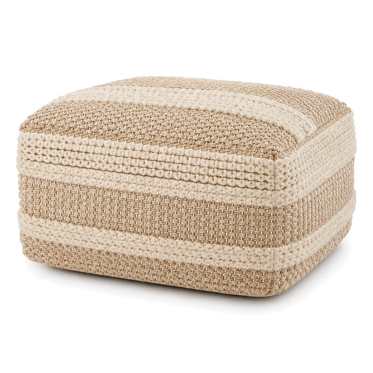 Beige & Ivory Multi-Stripe Woven Rectangular Pouf by Primeval on white background