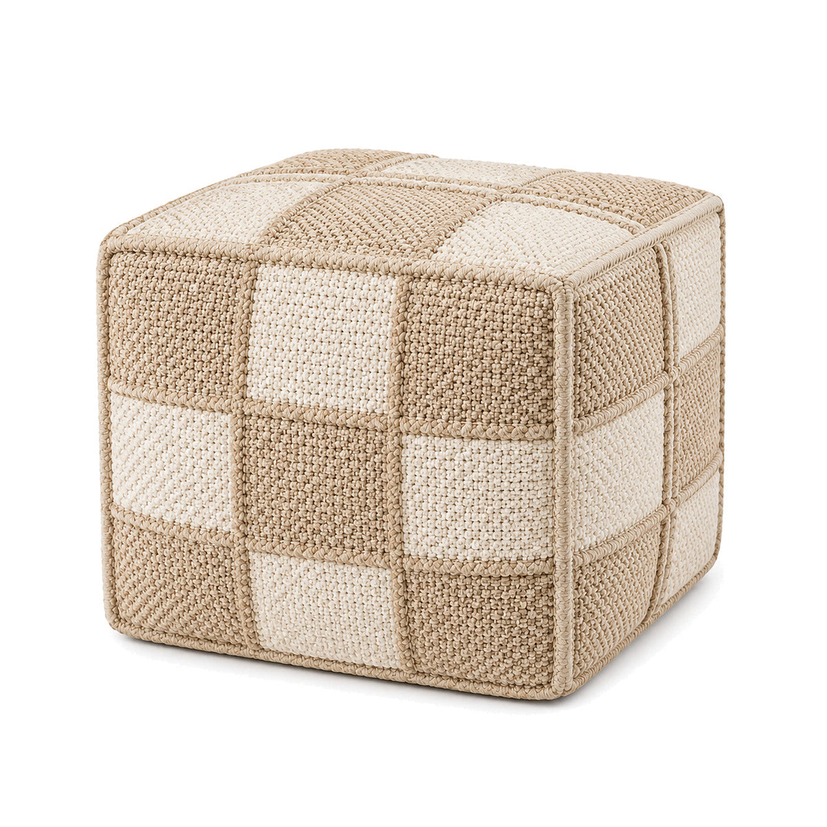 Beige & Ivory Patchwork Woven Cube Pouf Ottoman by Primeval on white background