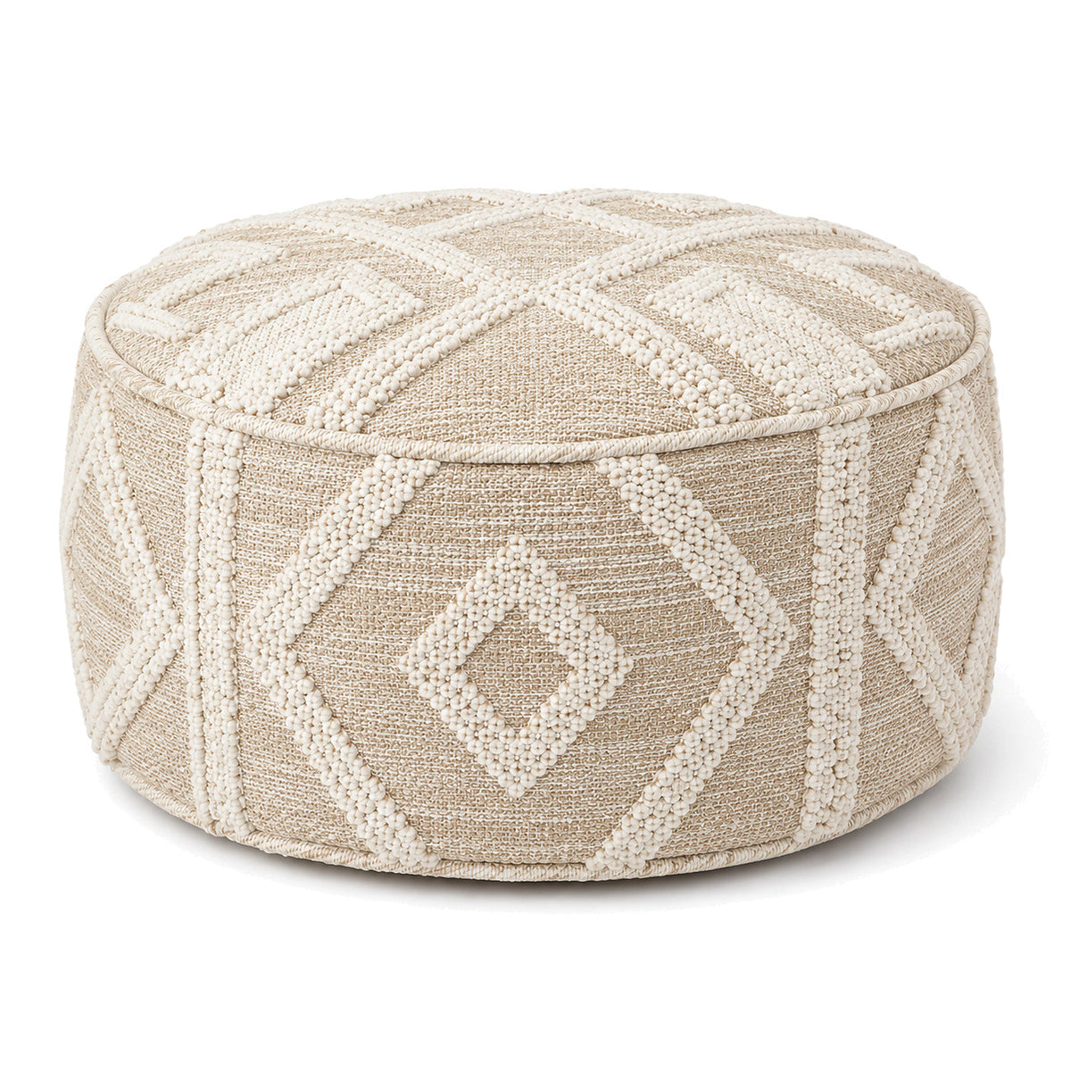 Beige & Ivory Raised Diamond Geometric Round Pouf by Primeval on white background