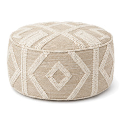 Beige & Ivory Raised Diamond Geometric Round Pouf by Primeval on white background