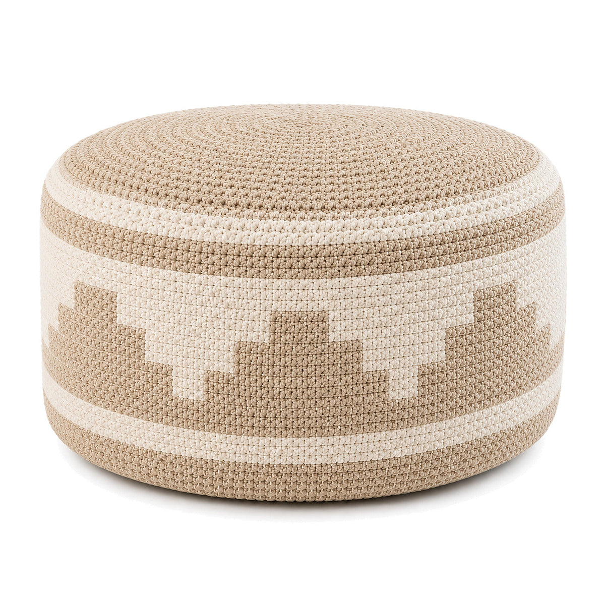 Beige & Ivory Tribal Step Geometric Woven Round Pouf by Primeval on white background