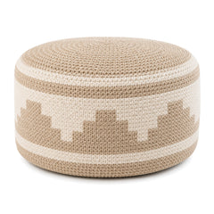 Beige & Ivory Tribal Step Geometric Woven Round Pouf by Primeval on white background