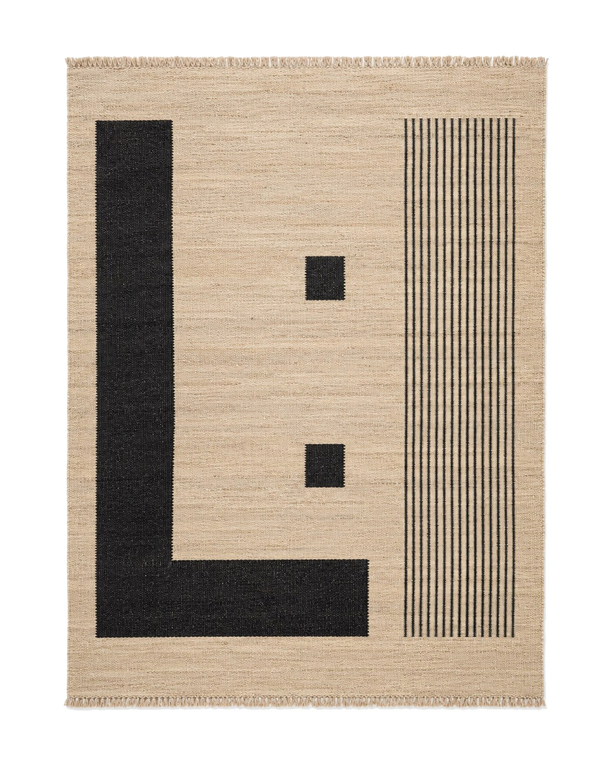 Beige and black architectural Scandinavian flatweave rug for wholesale sourcing from India