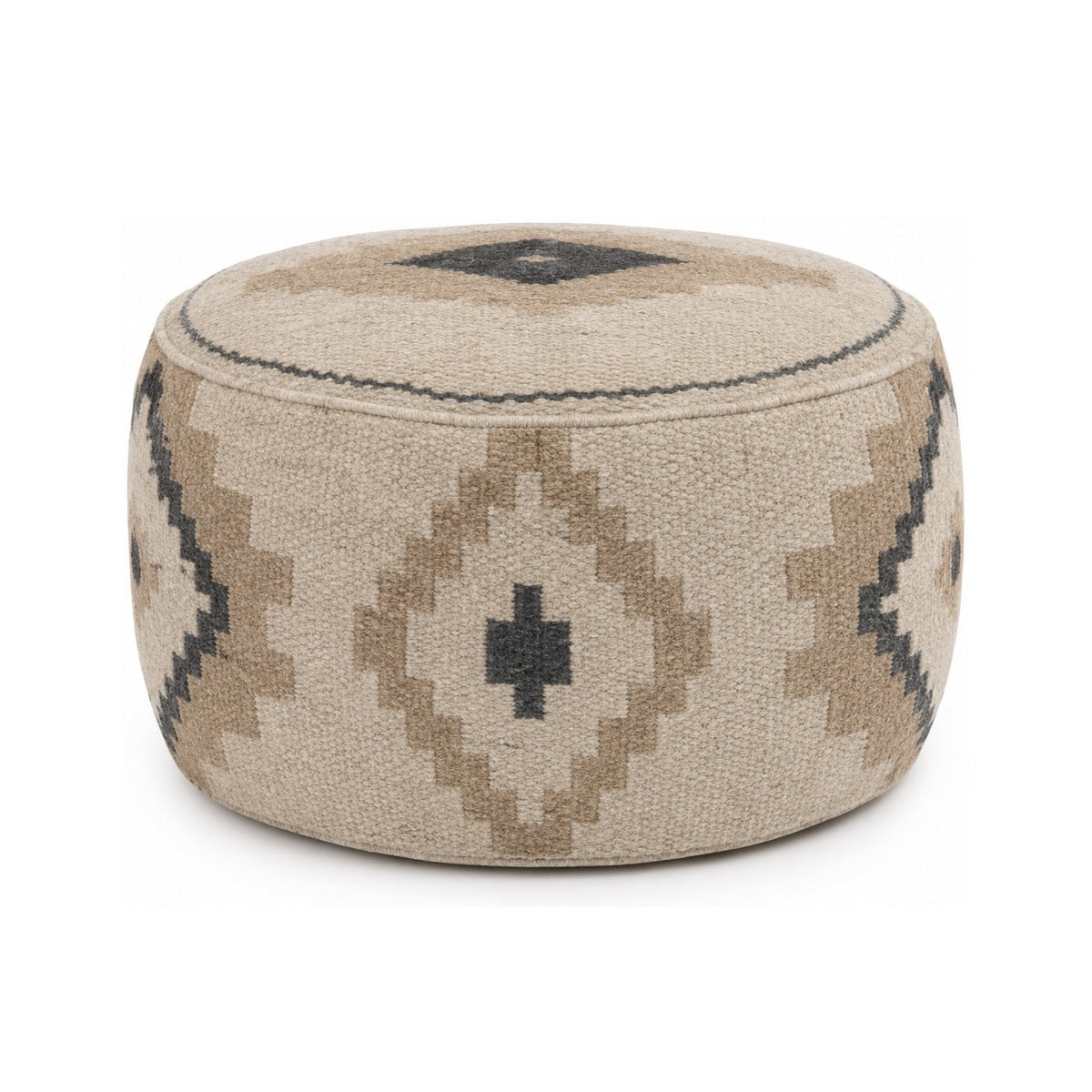 Beige & Black Diamond Kilim Round Pouf Ottoman on white background
