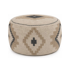 Beige & Black Diamond Kilim Round Pouf Ottoman on white background