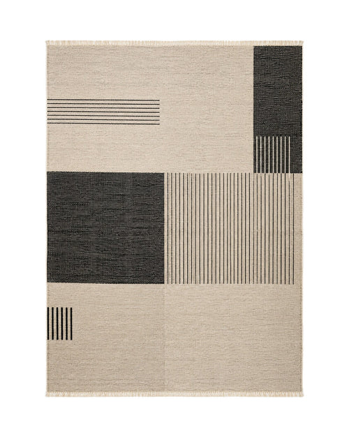 Beige and black Scandinavian geometric kilim area rug for wholesale sourcing from India