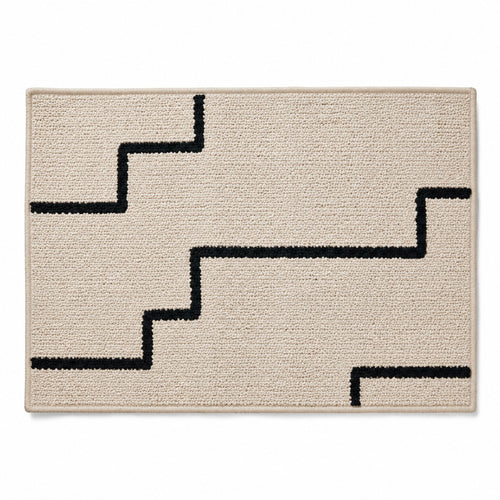 Beige rectangular placemat with black stepped line geometric pattern, modern textured dining table mat by Primeval