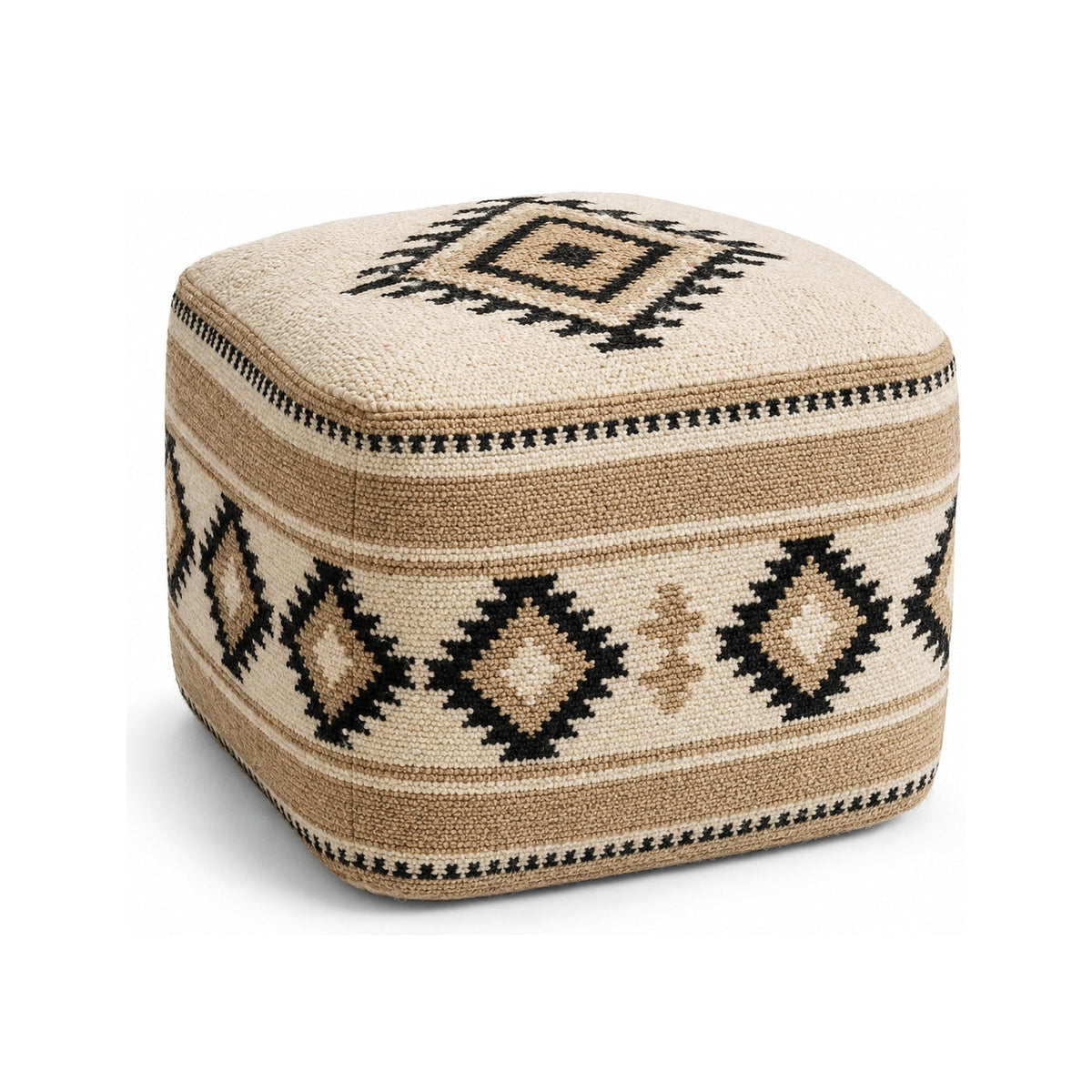 Beige & Black Tribal Diamond Cube Pouf Ottoman on white background