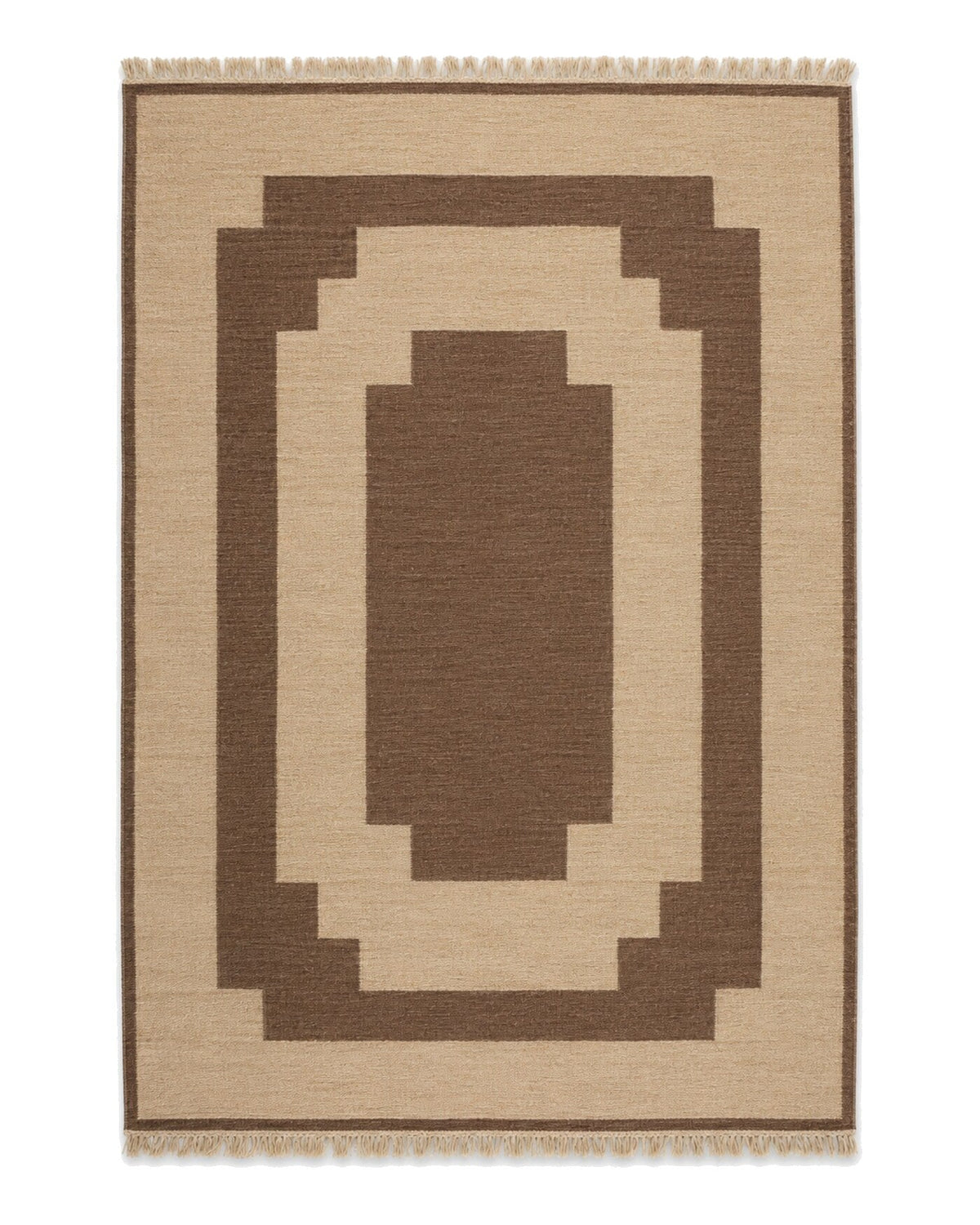Beige and brown geometric wool area rug for wholesale sourcing from India