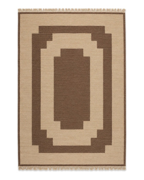 Beige and brown geometric wool area rug for wholesale sourcing from India