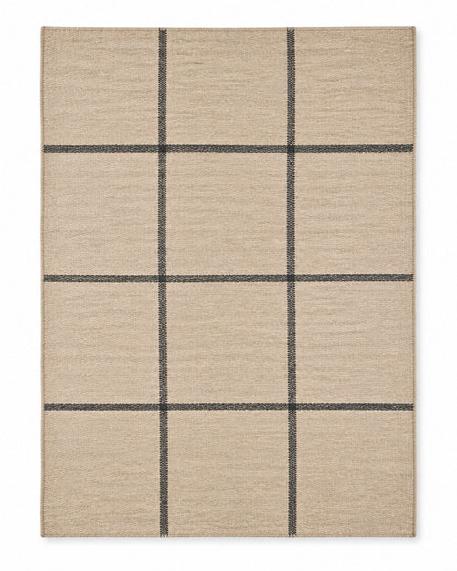 Beige and charcoal windowpane plaid area rug for wholesale sourcing from India