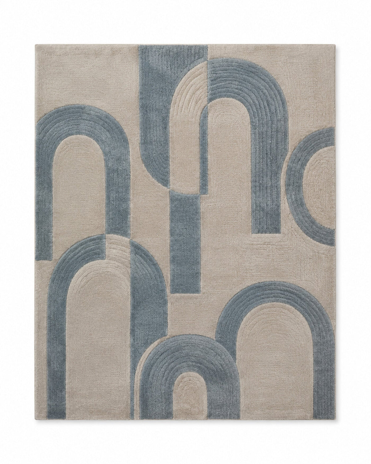 Beige and dusty blue layered arch geometric area rug for wholesale sourcing from India