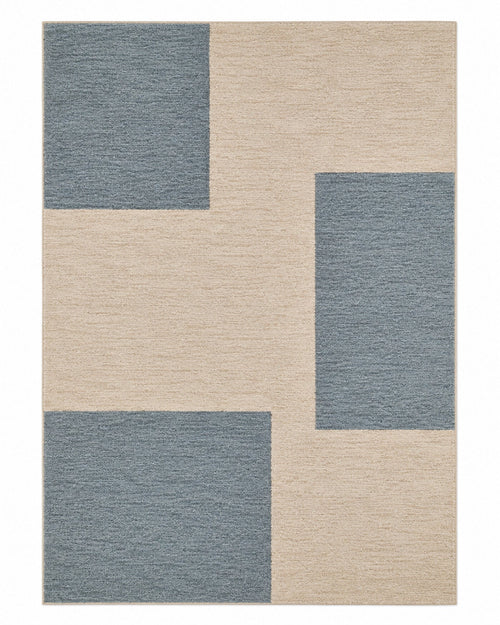 Beige and dusty blue block geometric area rug for wholesale sourcing from India