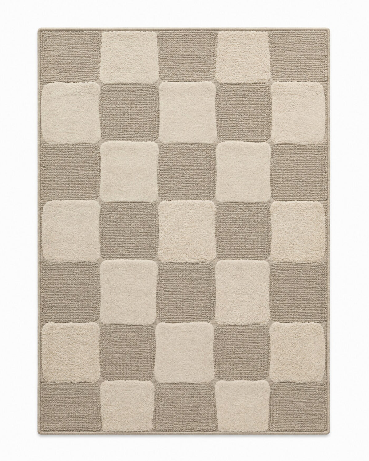 Beige and ivory checkerboard area rug with chunky rounded squares and cozy texture