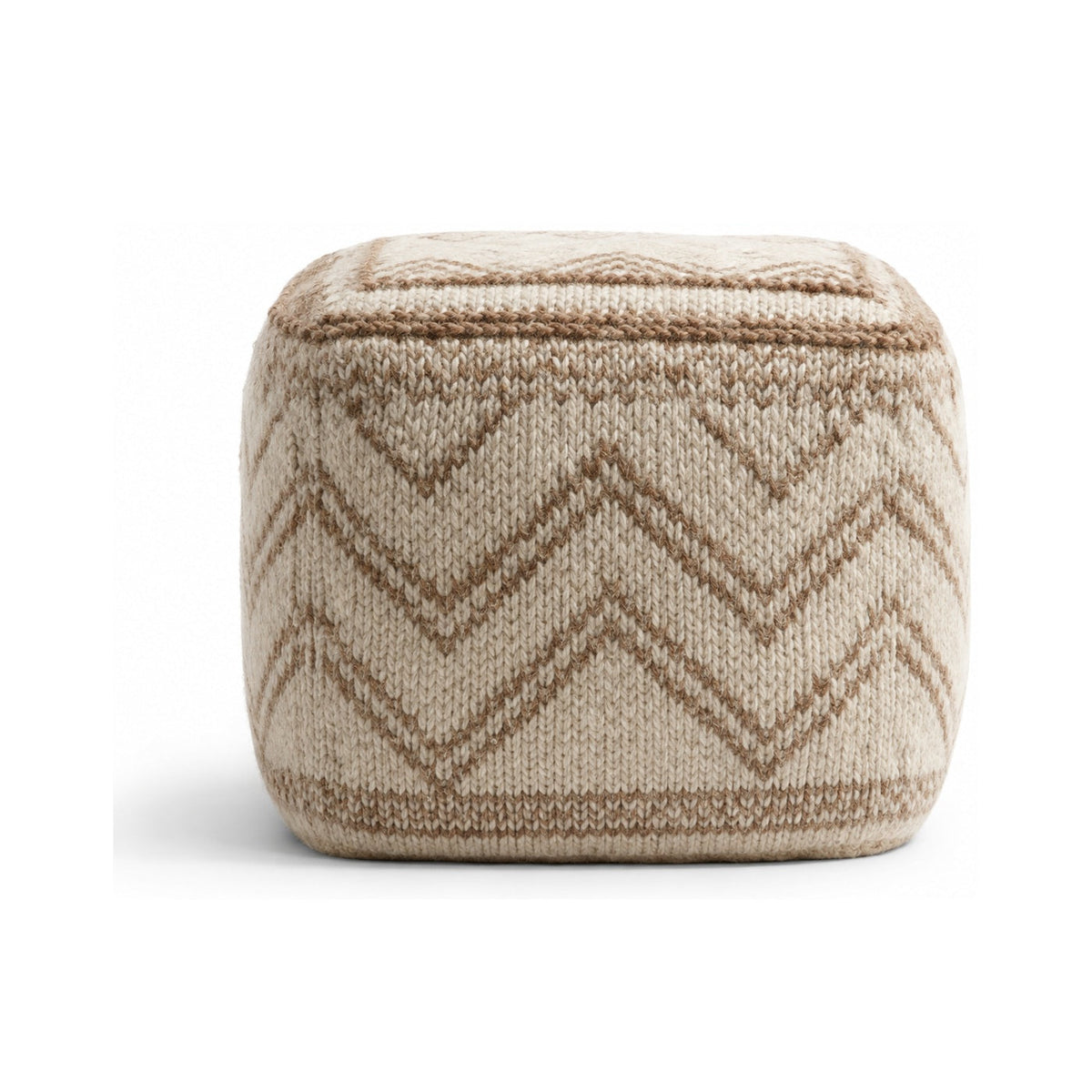 Beige & Ivory Chevron Textured Cube Pouf Ottoman on white background