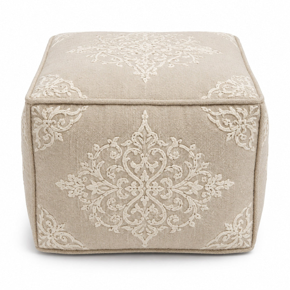 Beige & Ivory Embroidered Medallion Cube Pouf Ottoman on white background