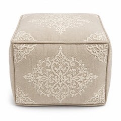 Beige & Ivory Embroidered Medallion Cube Pouf Ottoman on white background