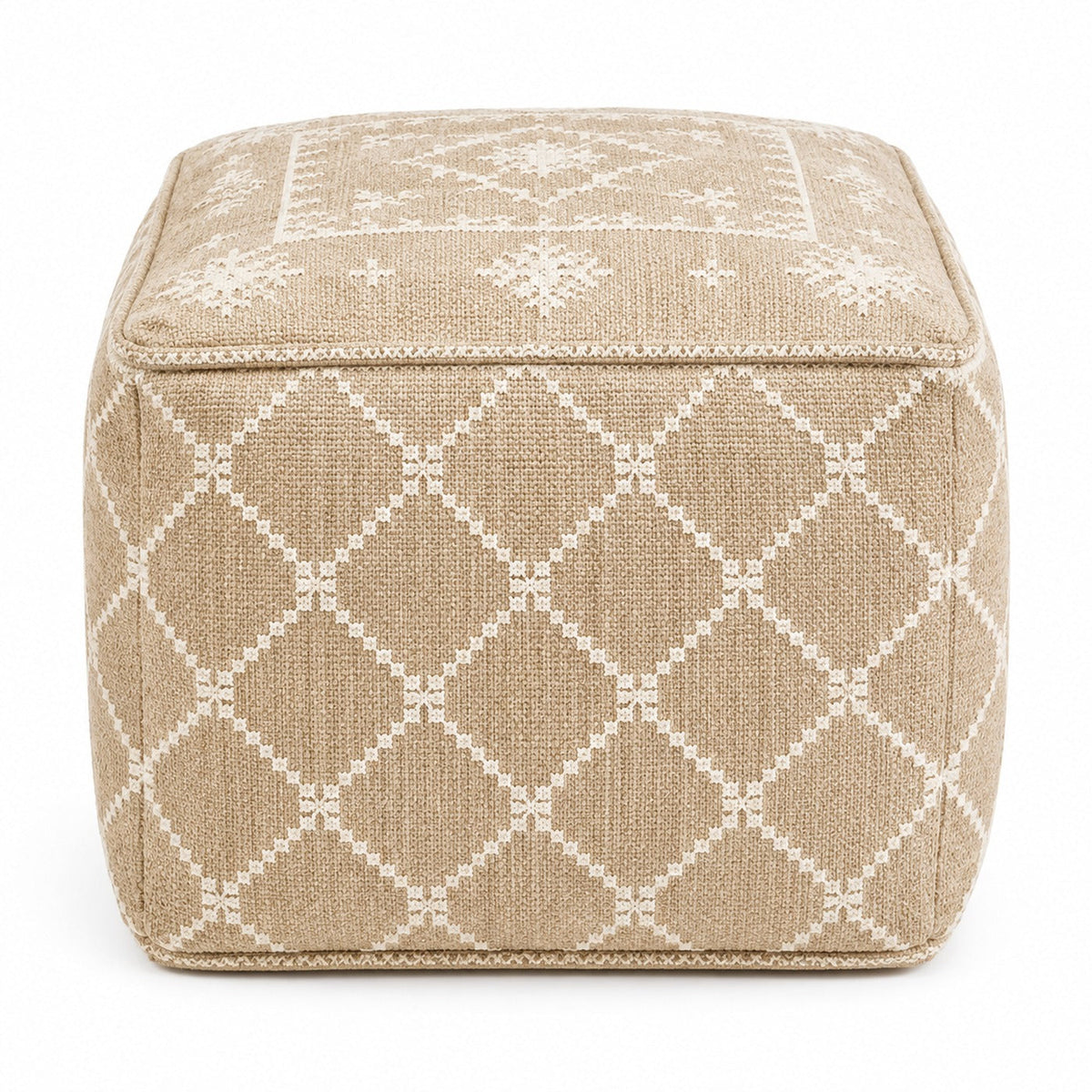 Beige & Ivory Lattice Woven Cube Pouf Ottoman on white background