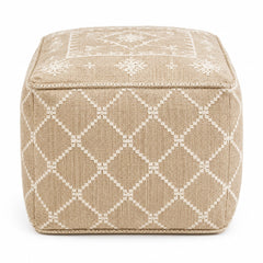 Beige & Ivory Lattice Woven Cube Pouf Ottoman on white background