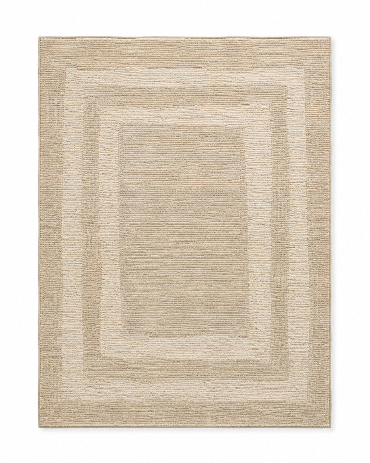 Beige and ivory layered frame rectangular area rug for wholesale sourcing from India