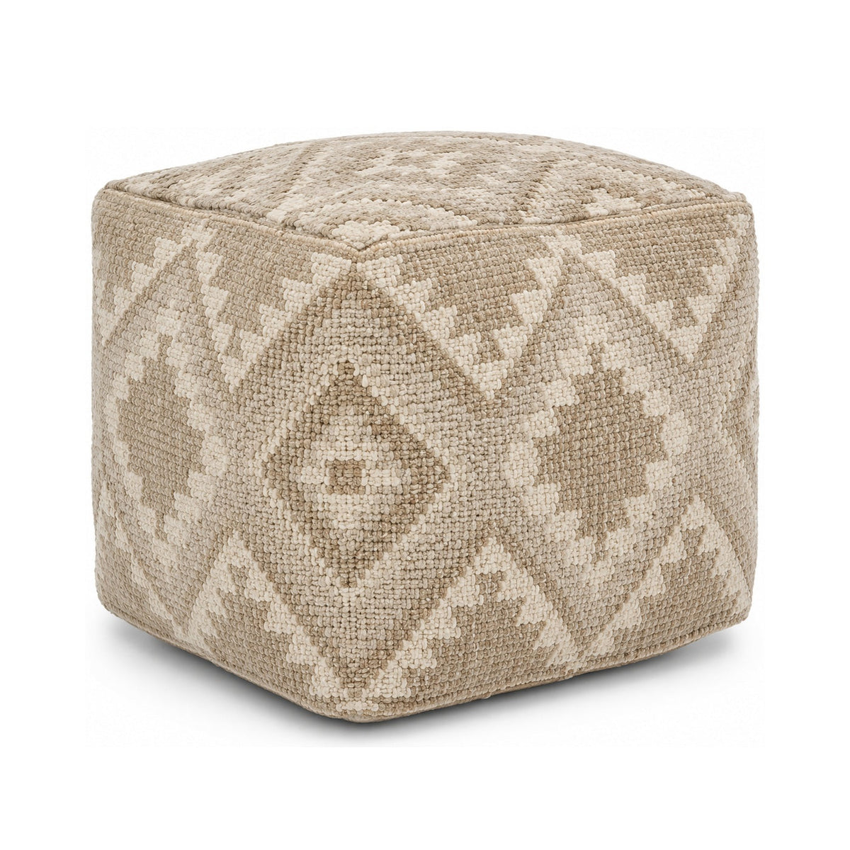 Beige & Ivory Tribal Diamond Kilim Cube Pouf Ottoman on white background