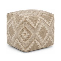 Beige & Ivory Tribal Diamond Kilim Cube Pouf Ottoman on white background