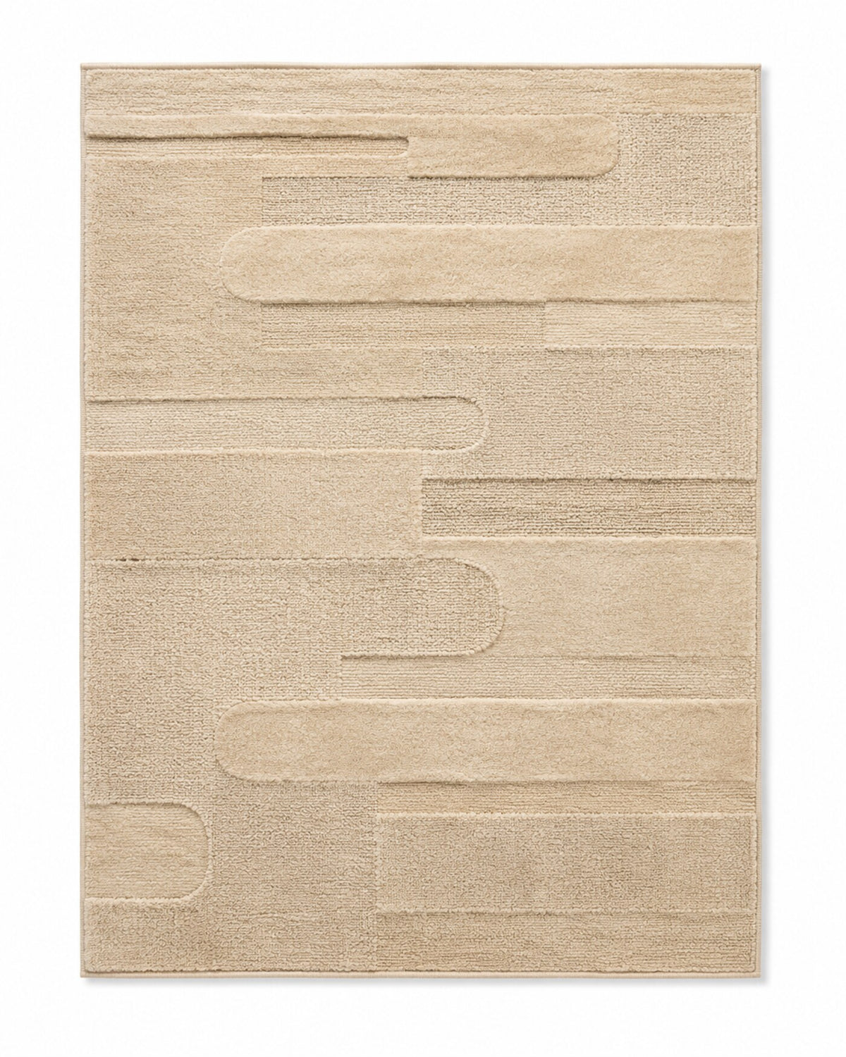 Beige area rug with raised horizontal linear shapes and modern abstract composition