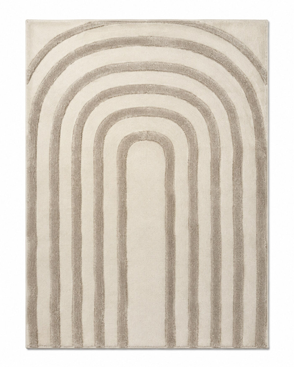 Beige and ivory area rug with layered rainbow arch pattern in a cozy neutral palette