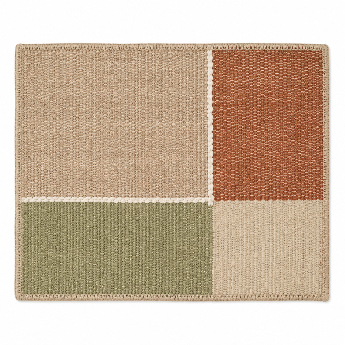 Beige woven placemat with rust and sage green color-block panels, modern earthy dining table mat by Primeval