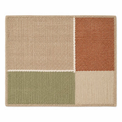 Beige woven placemat with rust and sage green color-block panels, modern earthy dining table mat by Primeval