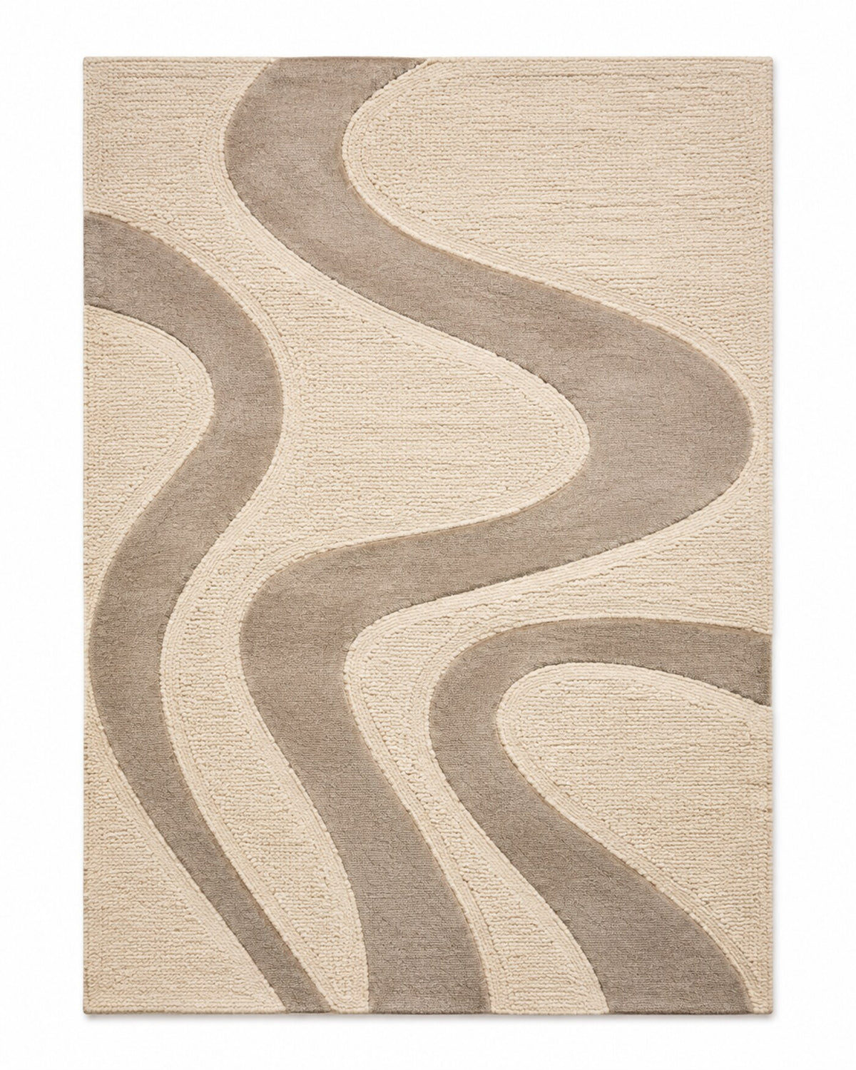 Beige and taupe area rug with broad flowing wave bands and contemporary organic design