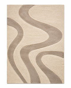 Beige and taupe area rug with broad flowing wave bands and contemporary organic design