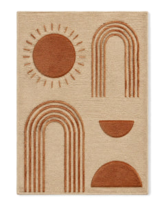 Beige and terracotta sun and arch Bauhaus rug for wholesale sourcing from India