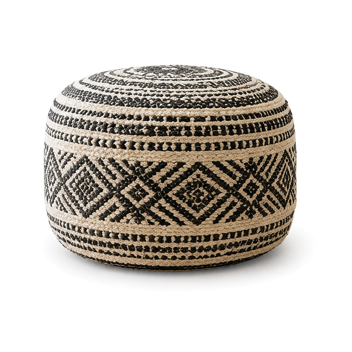 Black and ivory bold diamond tribal round pouf ottoman on white background