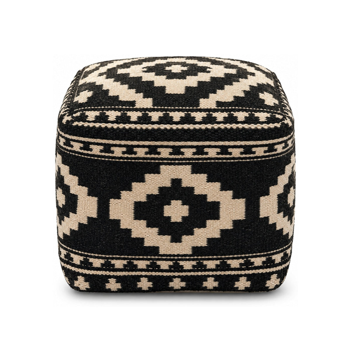 Black & Ivory Bold Tribal Kilim Cube Pouf Ottoman on white background