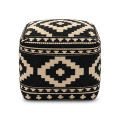 Black & Ivory Bold Tribal Kilim Cube Pouf Ottoman on white background